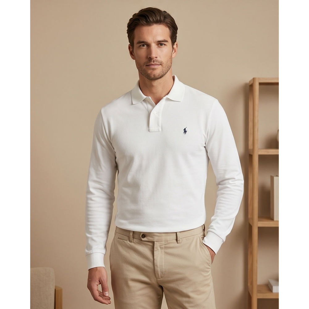 Polo Ralph Lauren XL Y2K Long Sleeve Polo Shirt White Cotton Mens Preppy